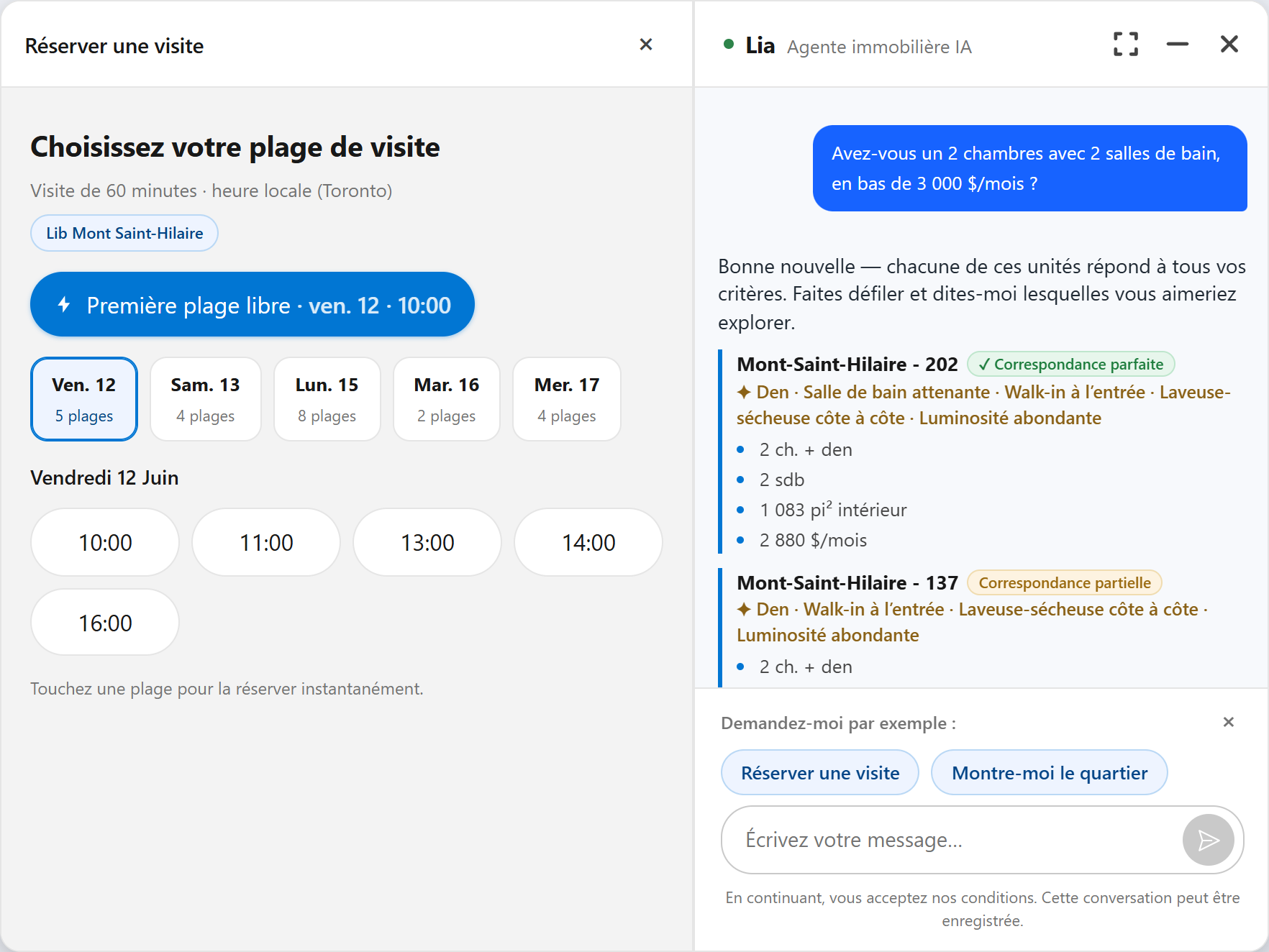 Candidat créé et visite réservée avec le sélecteur de plages horaires