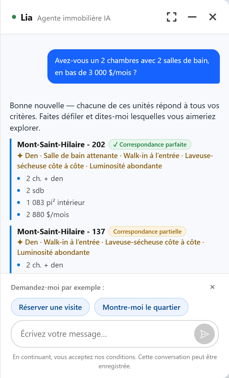 Le vrai widget : une correspondance parfaite — l’unité 202 répond à tous les critères demandés