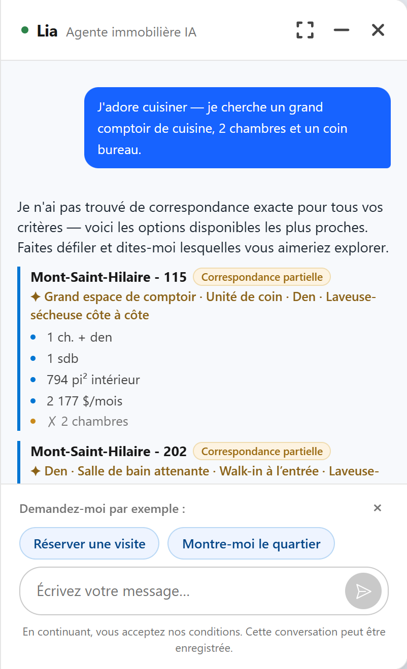 Le vrai widget : correspondances partielles — les critères manquants sont signalés honnêtement