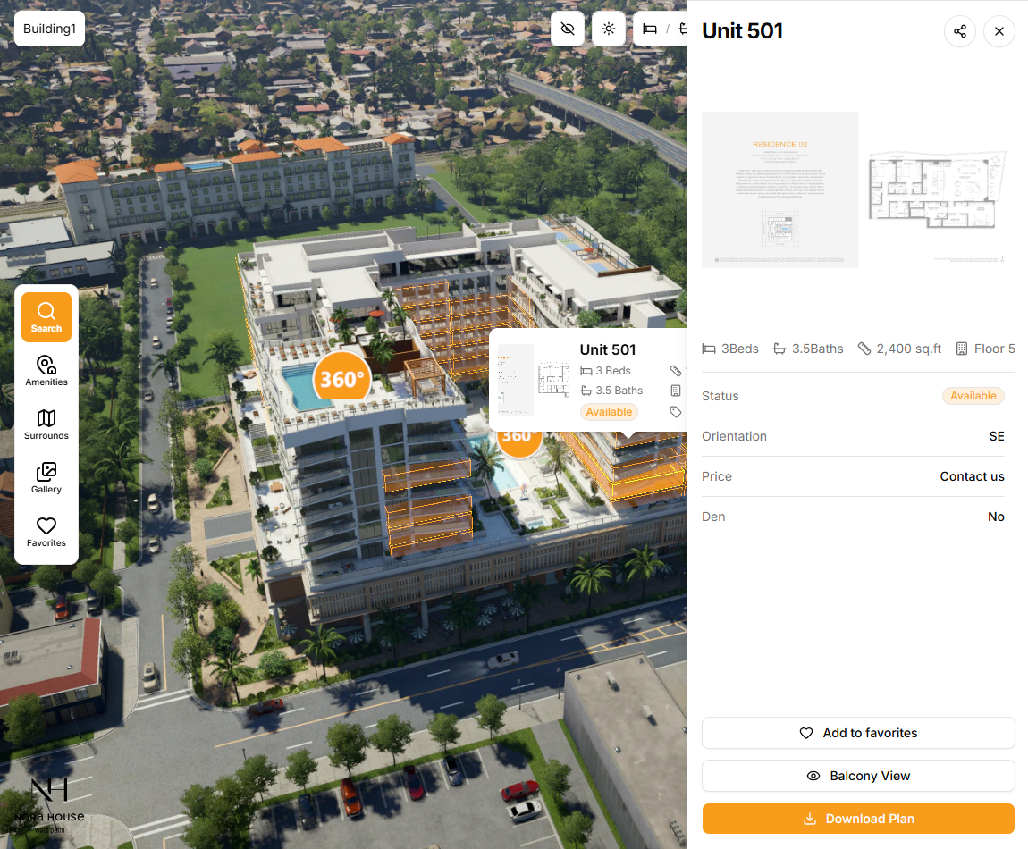 Le jumeau numérique 3D SmartPixel avec l’appartement 501 mis en évidence (démo en anglais)
