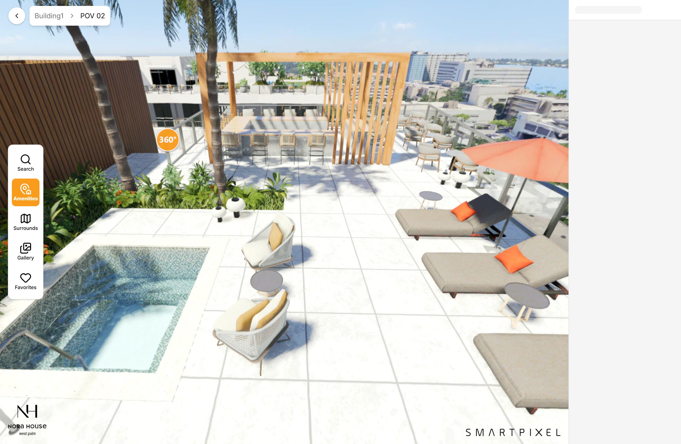 Sur la terrasse-piscine dans le jumeau SmartPixel — bassin, chaises longues, pergola à manger et la ville au loin (démo en anglais)