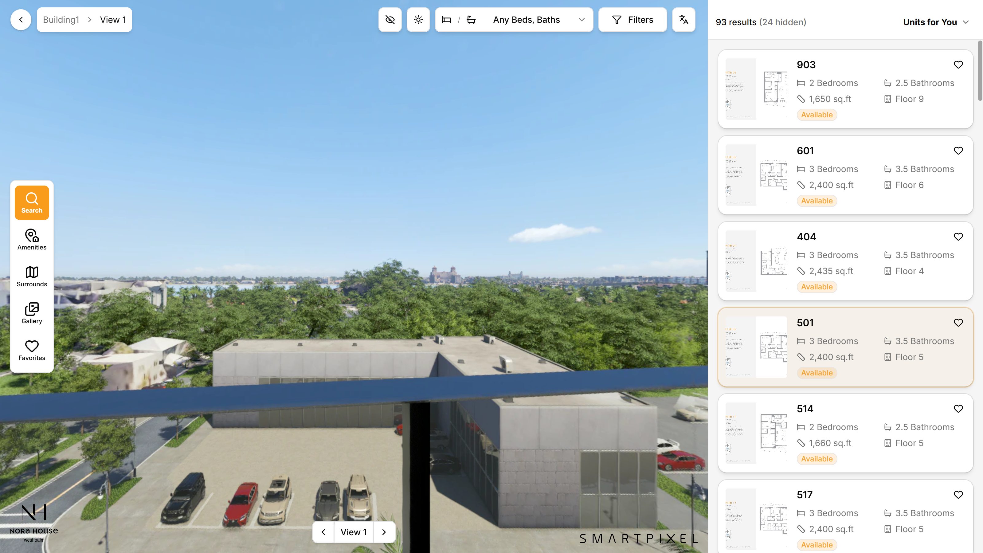 La véritable vue du balcon de l’appartement 501 dans le jumeau SmartPixel — 5ᵉ étage (démo en anglais)
